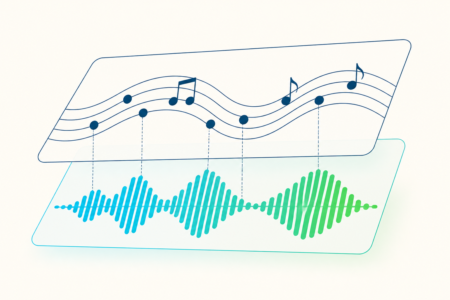 Ilustração de uma música separada em duas camadas: a composição em cima e a gravação embaixo