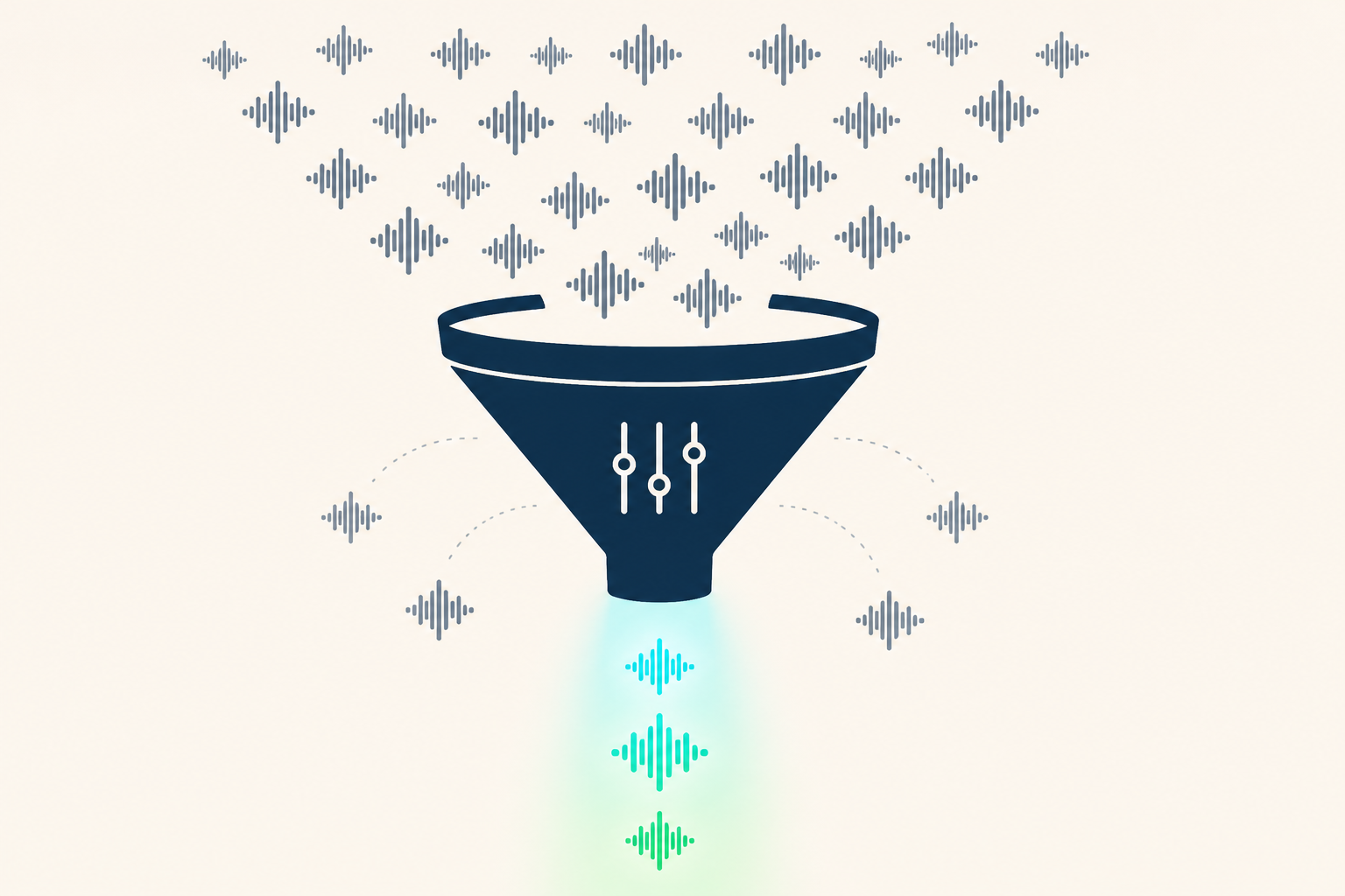 Ilustração de um funil filtrando muitas faixas sintéticas cinzas e deixando passar poucas faixas autênticas com brilho verde